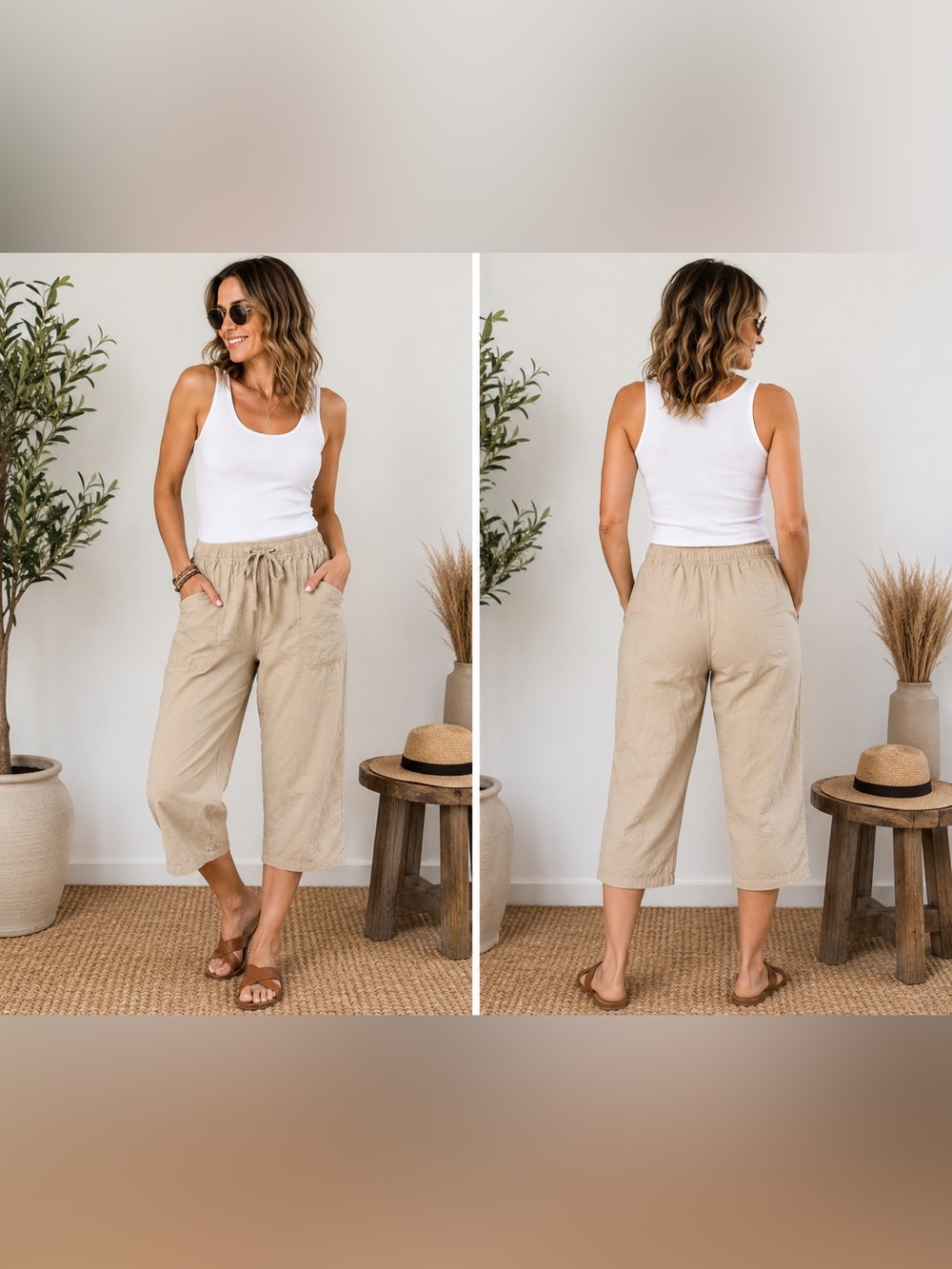 White Stag Women L 12-14 Tan Cotton Pull On Capri Pants Elastic Waist
